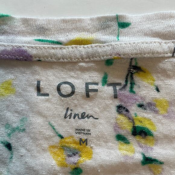 LOFT Floral Linen Flutter Wedge Tee Womens Medium White Multicolor Casual Top - Picture 7 of 10